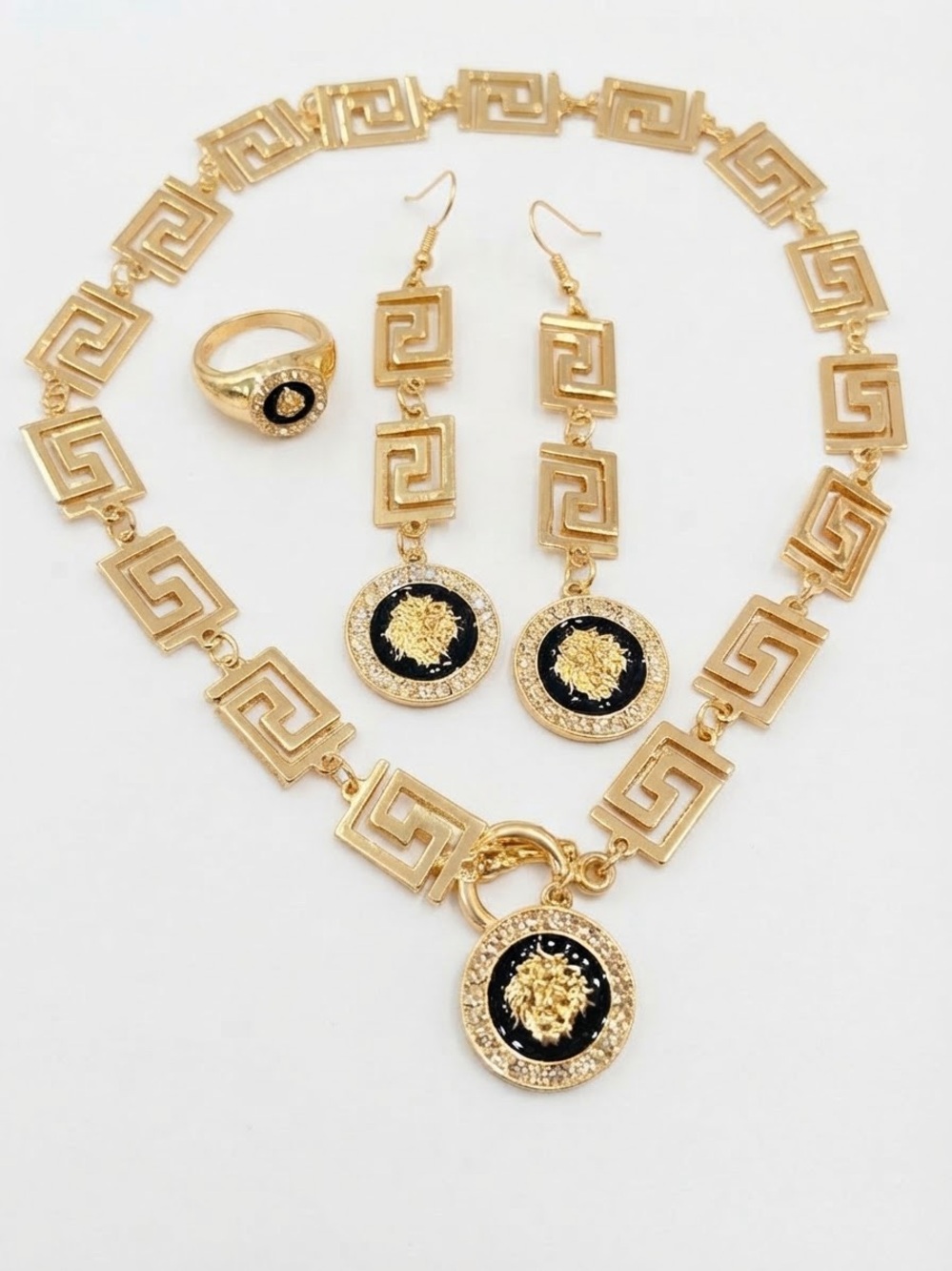 Gold & Black Tone Lion Medallion Necklace, Earrings, bracelet & Ring Set